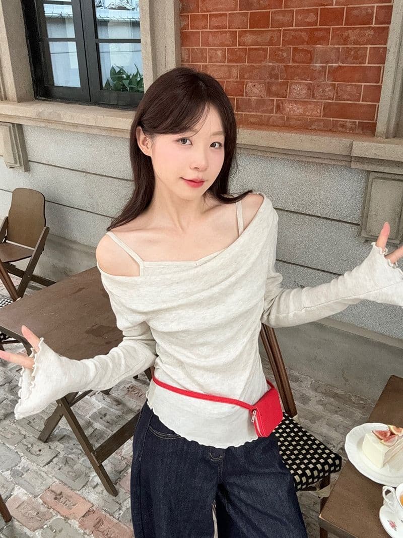 모달 사람들 면 디자인 센스 패치워크 나팔 소매 오프숄더 긴팔 니트 스웨터 여성 오프숄더 맨위 상세 이미지 33