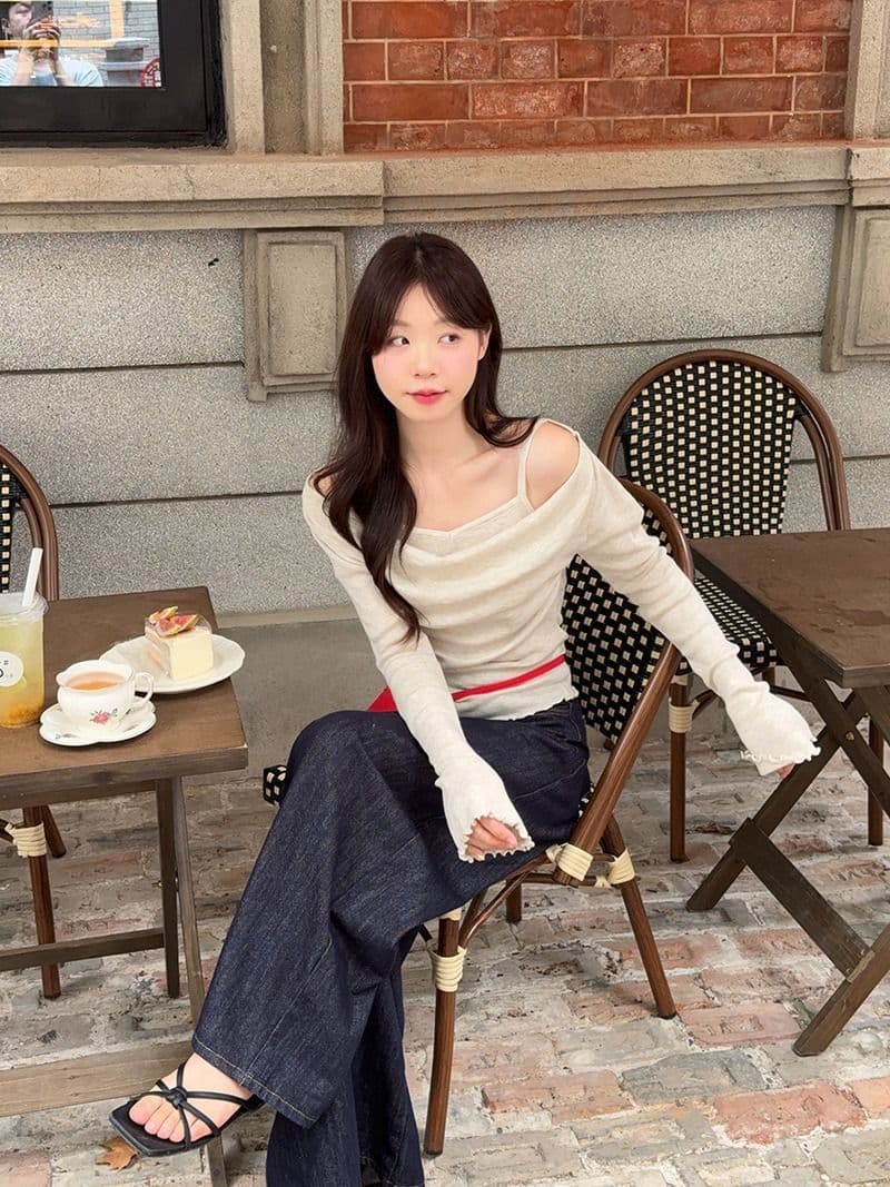 모달 사람들 면 디자인 센스 패치워크 나팔 소매 오프숄더 긴팔 니트 스웨터 여성 오프숄더 맨위 상세 이미지 35