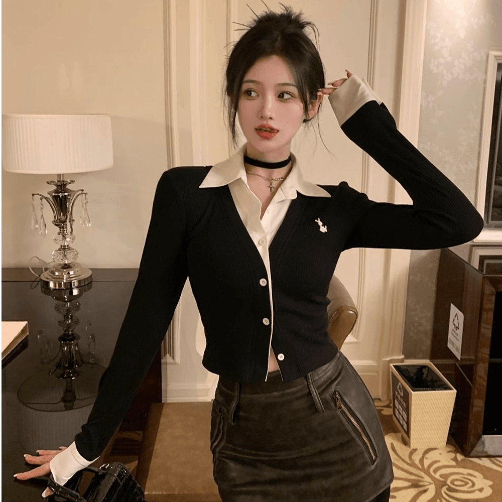 페이크 레이어드 긴팔 티셔츠 여성 가을 새로운 한국 스타일 작은 대중 오픈 가디건 맨위 소녀 몸매 가꾸기 Chic 기본 셔츠