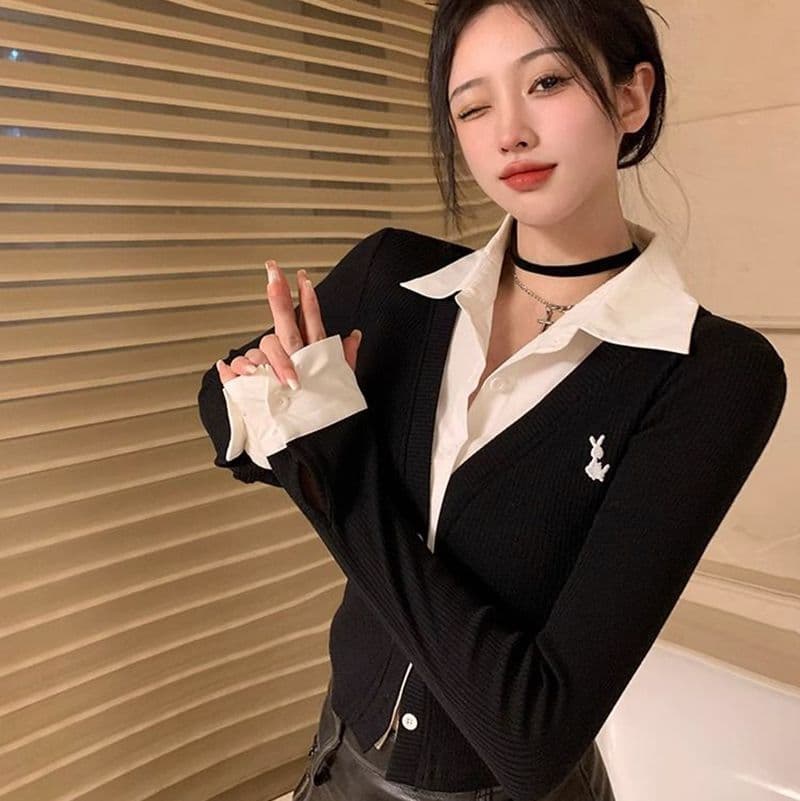 페이크 레이어드 긴팔 티셔츠 여성 가을 새로운 한국 스타일 작은 대중 오픈 가디건 맨위 소녀 몸매 가꾸기 Chic 기본 셔츠 이미지 2