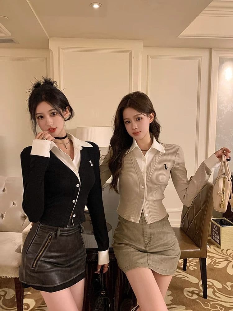 페이크 레이어드 긴팔 티셔츠 여성 가을 새로운 한국 스타일 작은 대중 오픈 가디건 맨위 소녀 몸매 가꾸기 Chic 기본 셔츠 상세 이미지 2