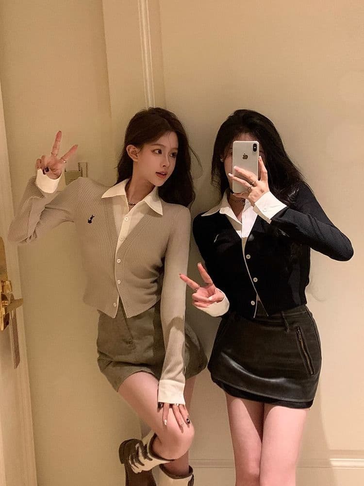 페이크 레이어드 긴팔 티셔츠 여성 가을 새로운 한국 스타일 작은 대중 오픈 가디건 맨위 소녀 몸매 가꾸기 Chic 기본 셔츠 상세 이미지 3
