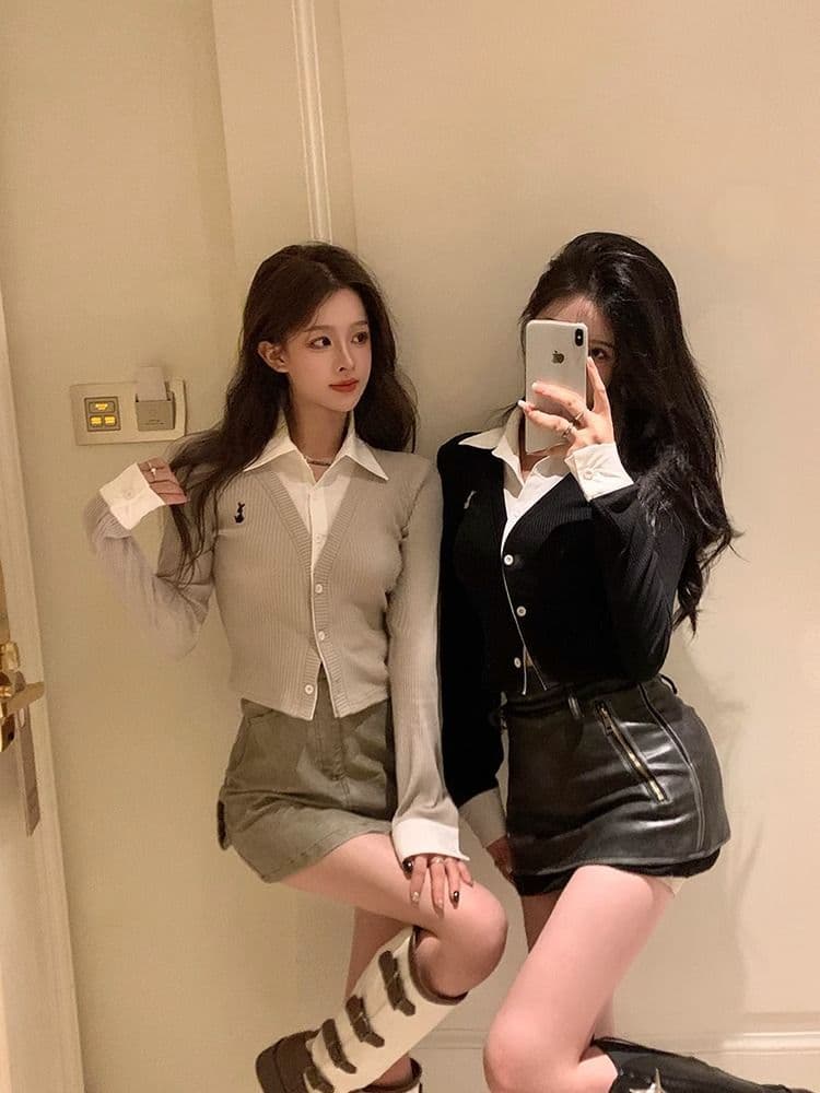 페이크 레이어드 긴팔 티셔츠 여성 가을 새로운 한국 스타일 작은 대중 오픈 가디건 맨위 소녀 몸매 가꾸기 Chic 기본 셔츠 상세 이미지 4