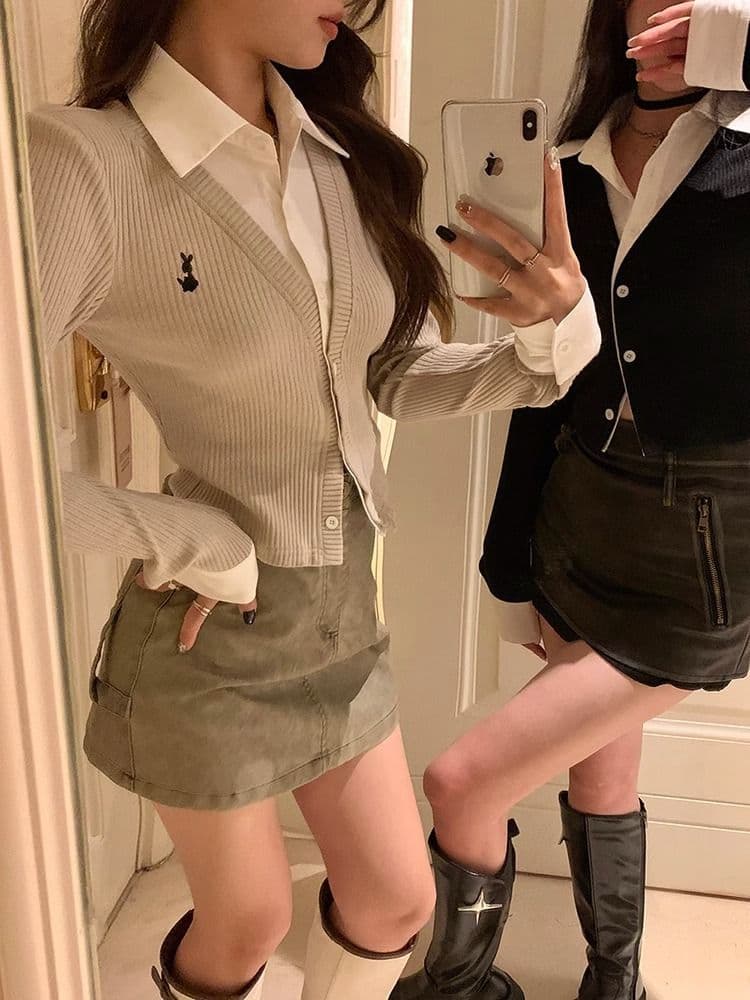 페이크 레이어드 긴팔 티셔츠 여성 가을 새로운 한국 스타일 작은 대중 오픈 가디건 맨위 소녀 몸매 가꾸기 Chic 기본 셔츠 상세 이미지 5