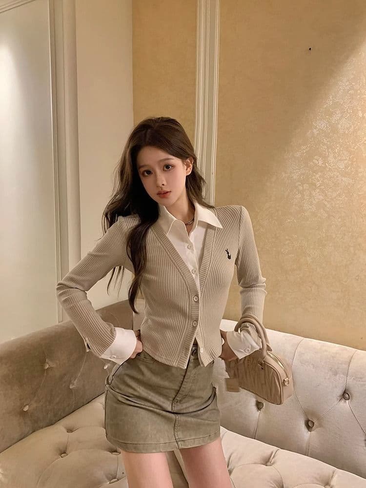 페이크 레이어드 긴팔 티셔츠 여성 가을 새로운 한국 스타일 작은 대중 오픈 가디건 맨위 소녀 몸매 가꾸기 Chic 기본 셔츠 상세 이미지 7