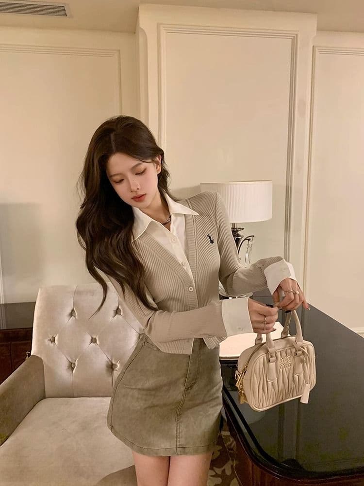 페이크 레이어드 긴팔 티셔츠 여성 가을 새로운 한국 스타일 작은 대중 오픈 가디건 맨위 소녀 몸매 가꾸기 Chic 기본 셔츠 상세 이미지 8