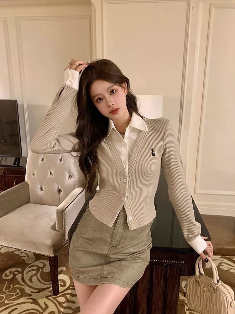 페이크 레이어드 긴팔 티셔츠 여성 가을 새로운 한국 스타일 작은 대중 오픈 가디건 맨위 소녀 몸매 가꾸기 Chic 기본 셔츠 상세 이미지 9