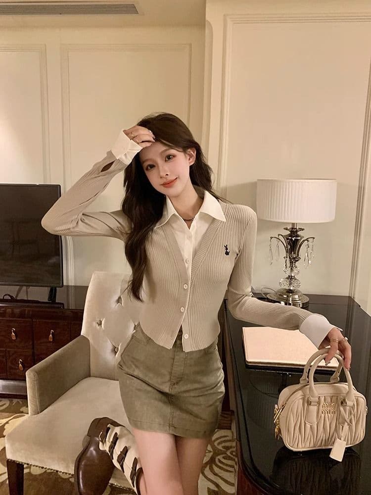 페이크 레이어드 긴팔 티셔츠 여성 가을 새로운 한국 스타일 작은 대중 오픈 가디건 맨위 소녀 몸매 가꾸기 Chic 기본 셔츠 상세 이미지 10