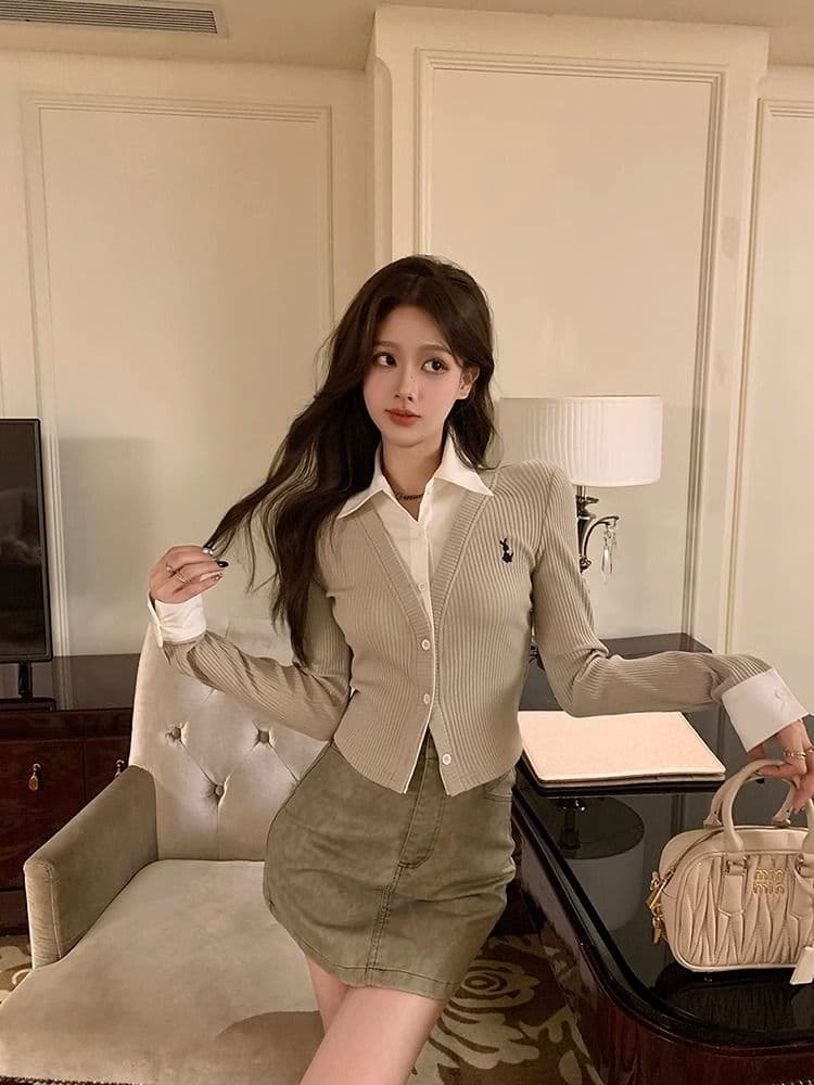 페이크 레이어드 긴팔 티셔츠 여성 가을 새로운 한국 스타일 작은 대중 오픈 가디건 맨위 소녀 몸매 가꾸기 Chic 기본 셔츠 상세 이미지 11