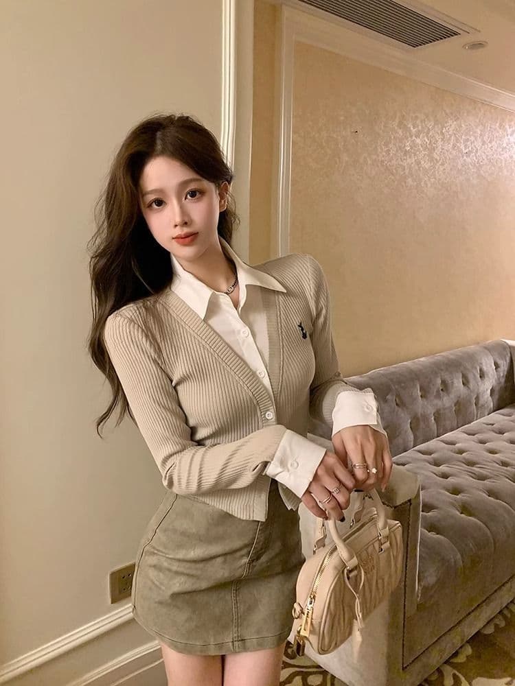 페이크 레이어드 긴팔 티셔츠 여성 가을 새로운 한국 스타일 작은 대중 오픈 가디건 맨위 소녀 몸매 가꾸기 Chic 기본 셔츠 상세 이미지 12