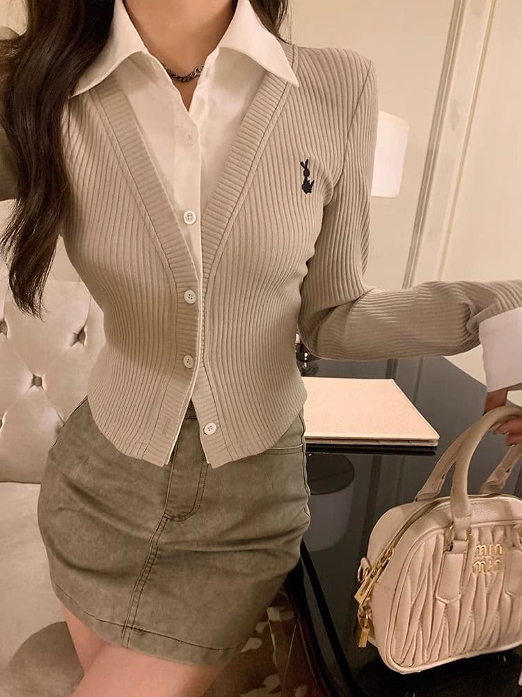 페이크 레이어드 긴팔 티셔츠 여성 가을 새로운 한국 스타일 작은 대중 오픈 가디건 맨위 소녀 몸매 가꾸기 Chic 기본 셔츠 상세 이미지 14
