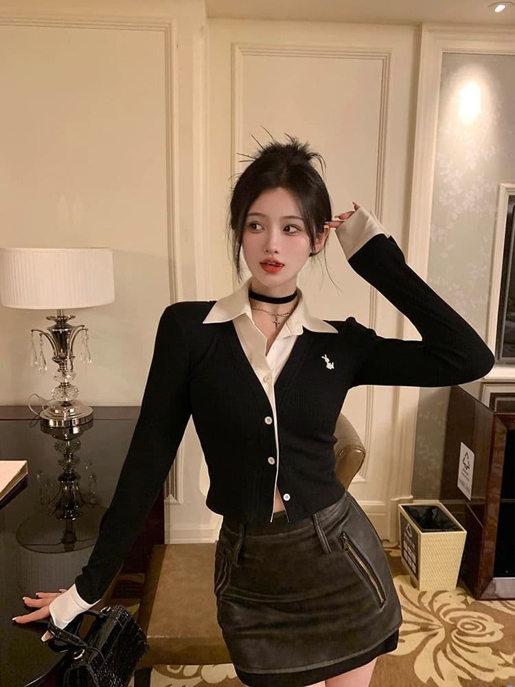 페이크 레이어드 긴팔 티셔츠 여성 가을 새로운 한국 스타일 작은 대중 오픈 가디건 맨위 소녀 몸매 가꾸기 Chic 기본 셔츠 상세 이미지 16