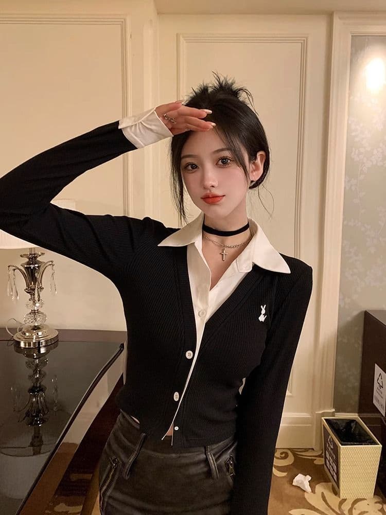 페이크 레이어드 긴팔 티셔츠 여성 가을 새로운 한국 스타일 작은 대중 오픈 가디건 맨위 소녀 몸매 가꾸기 Chic 기본 셔츠 상세 이미지 20