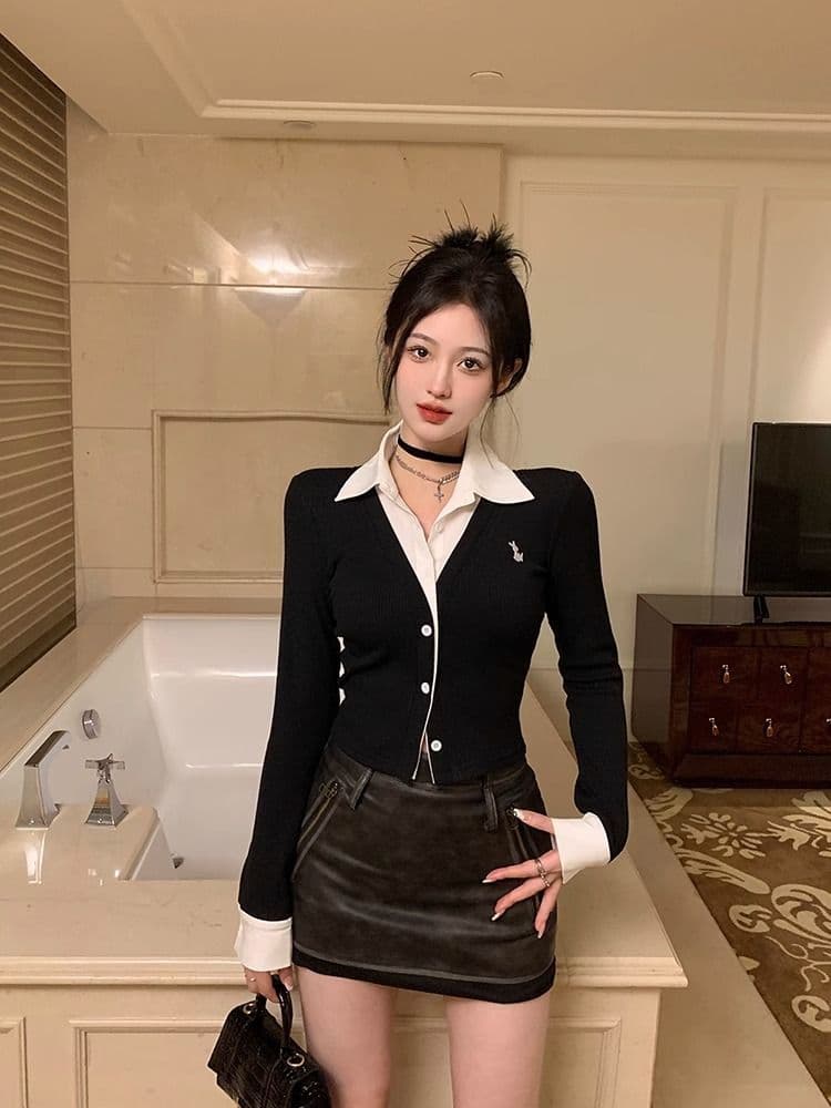 페이크 레이어드 긴팔 티셔츠 여성 가을 새로운 한국 스타일 작은 대중 오픈 가디건 맨위 소녀 몸매 가꾸기 Chic 기본 셔츠 상세 이미지 22