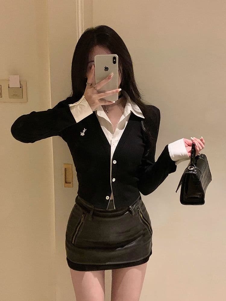 페이크 레이어드 긴팔 티셔츠 여성 가을 새로운 한국 스타일 작은 대중 오픈 가디건 맨위 소녀 몸매 가꾸기 Chic 기본 셔츠 상세 이미지 23