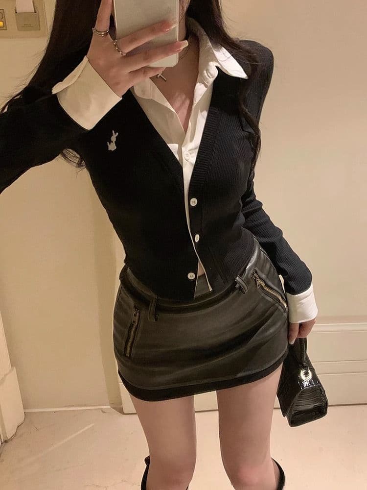 페이크 레이어드 긴팔 티셔츠 여성 가을 새로운 한국 스타일 작은 대중 오픈 가디건 맨위 소녀 몸매 가꾸기 Chic 기본 셔츠 상세 이미지 25