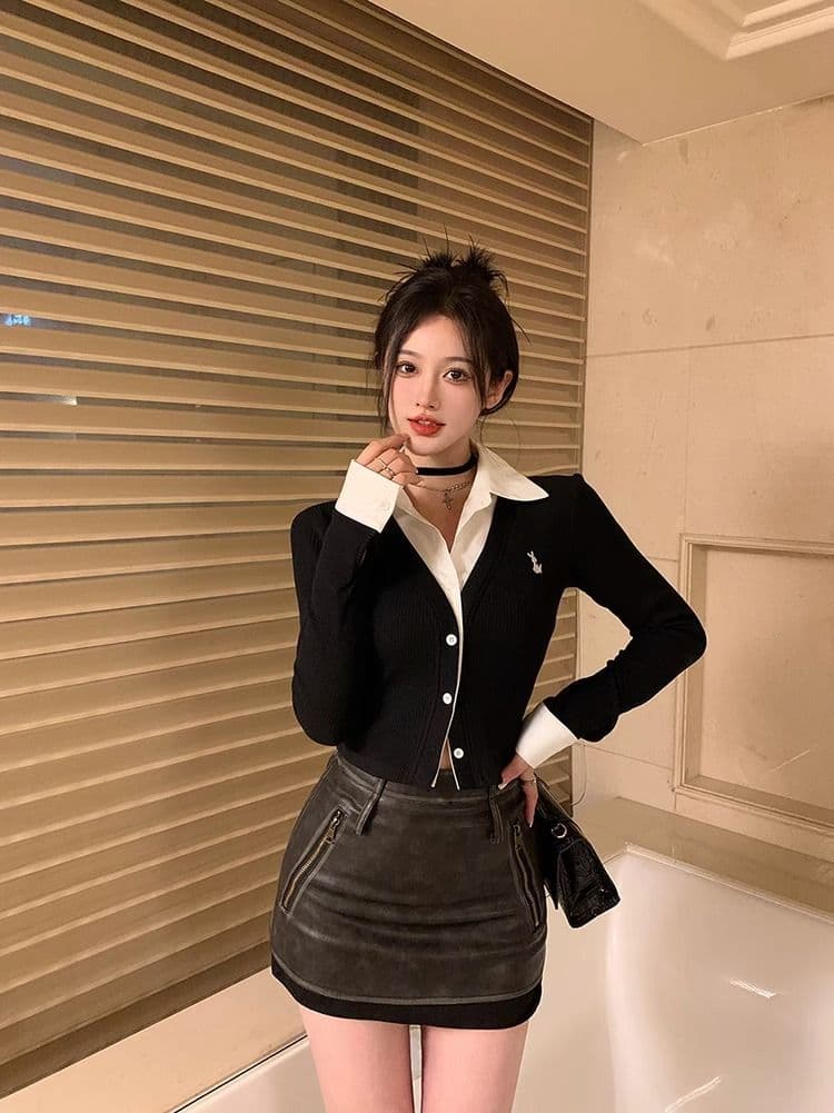 페이크 레이어드 긴팔 티셔츠 여성 가을 새로운 한국 스타일 작은 대중 오픈 가디건 맨위 소녀 몸매 가꾸기 Chic 기본 셔츠 상세 이미지 26