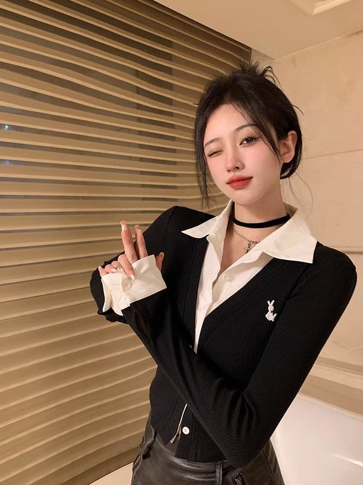 페이크 레이어드 긴팔 티셔츠 여성 가을 새로운 한국 스타일 작은 대중 오픈 가디건 맨위 소녀 몸매 가꾸기 Chic 기본 셔츠 상세 이미지 27