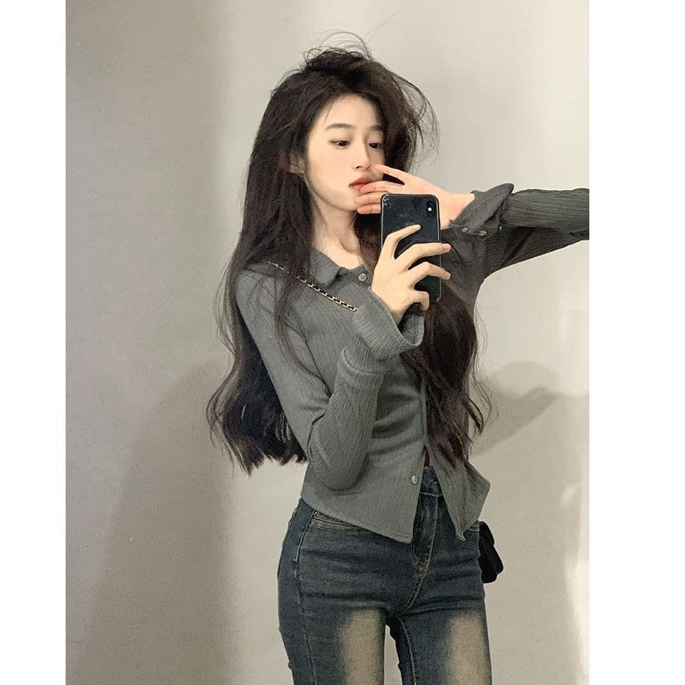 POLO 칼라 긴팔 티셔츠 여성 가을 새로운 아메리칸 디자인 센스 맨위 핫걸 몸매 가꾸기 인사이드 가져 가라. 기본 셔츠 이미지 4