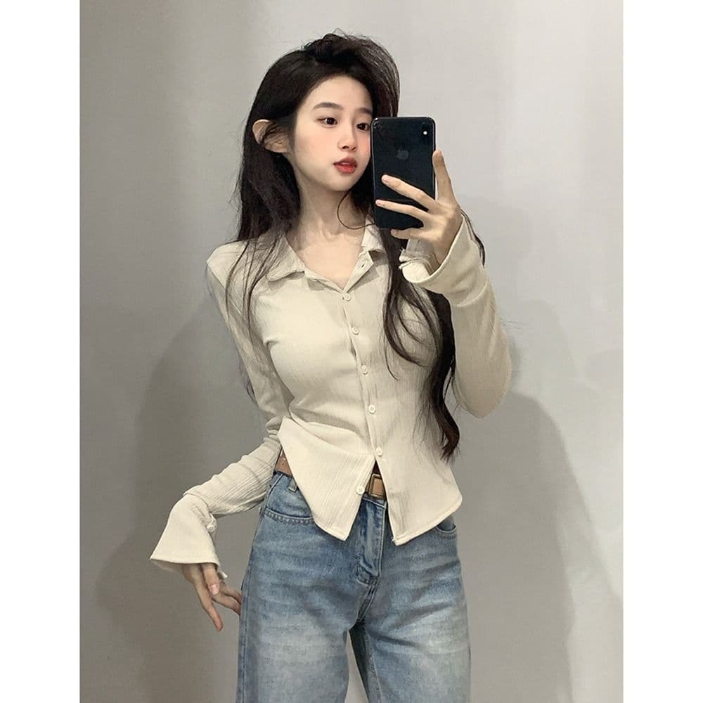 POLO 칼라 긴팔 티셔츠 여성 가을 새로운 아메리칸 디자인 센스 맨위 핫걸 몸매 가꾸기 인사이드 가져 가라. 기본 셔츠 이미지 2