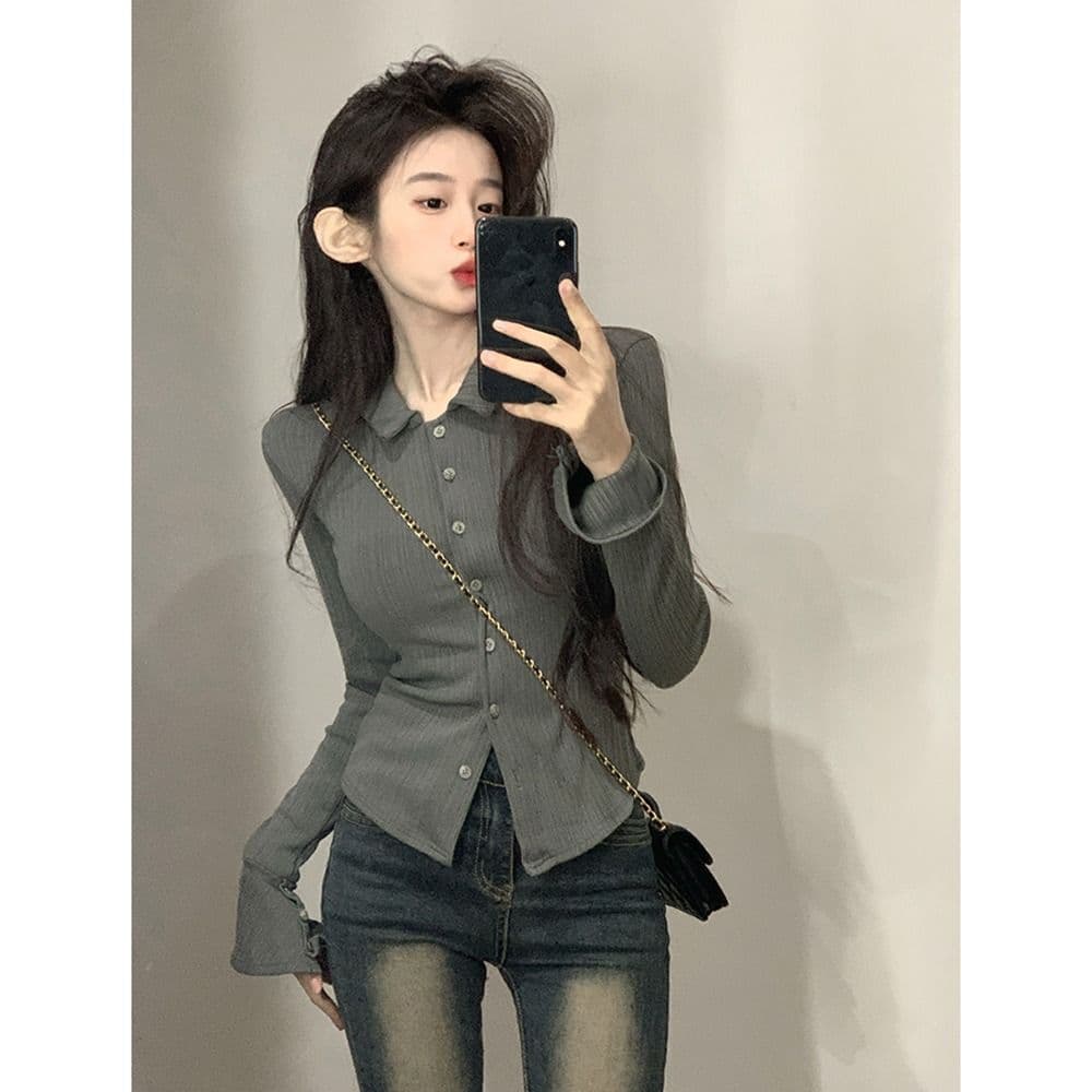 POLO 칼라 긴팔 티셔츠 여성 가을 새로운 아메리칸 디자인 센스 맨위 핫걸 몸매 가꾸기 인사이드 가져 가라. 기본 셔츠