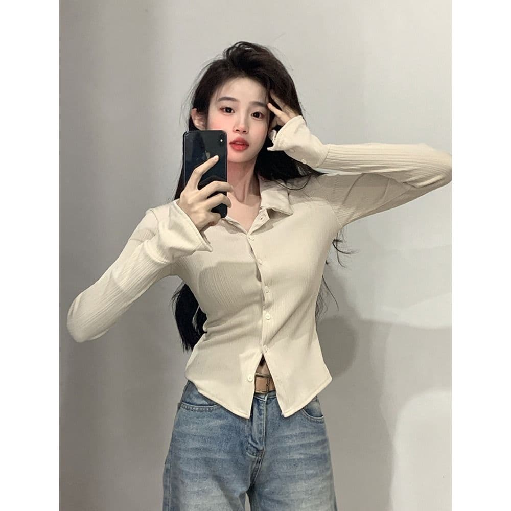 POLO 칼라 긴팔 티셔츠 여성 가을 새로운 아메리칸 디자인 센스 맨위 핫걸 몸매 가꾸기 인사이드 가져 가라. 기본 셔츠 이미지 3
