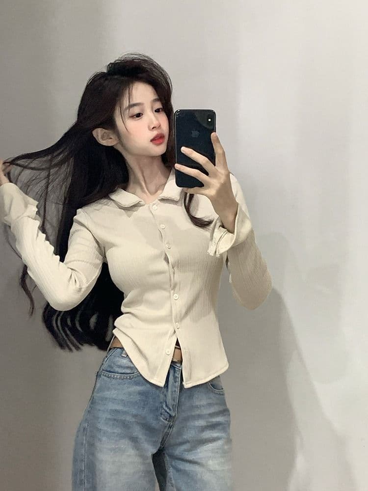 POLO 칼라 긴팔 티셔츠 여성 가을 새로운 아메리칸 디자인 센스 맨위 핫걸 몸매 가꾸기 인사이드 가져 가라. 기본 셔츠 상세 이미지 2
