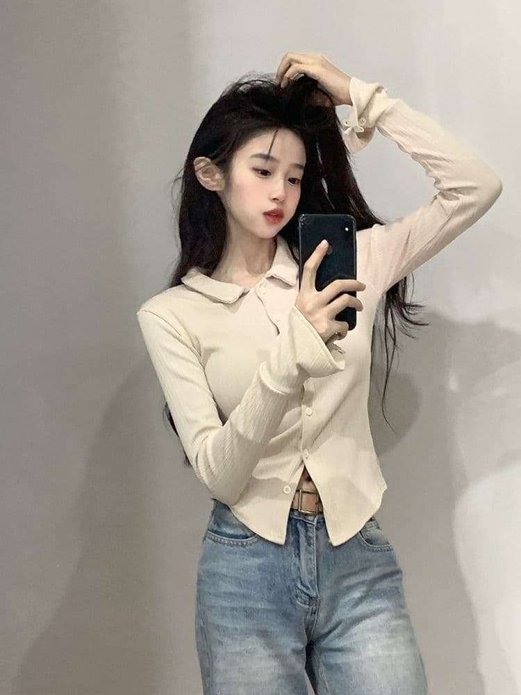 POLO 칼라 긴팔 티셔츠 여성 가을 새로운 아메리칸 디자인 센스 맨위 핫걸 몸매 가꾸기 인사이드 가져 가라. 기본 셔츠 상세 이미지 3