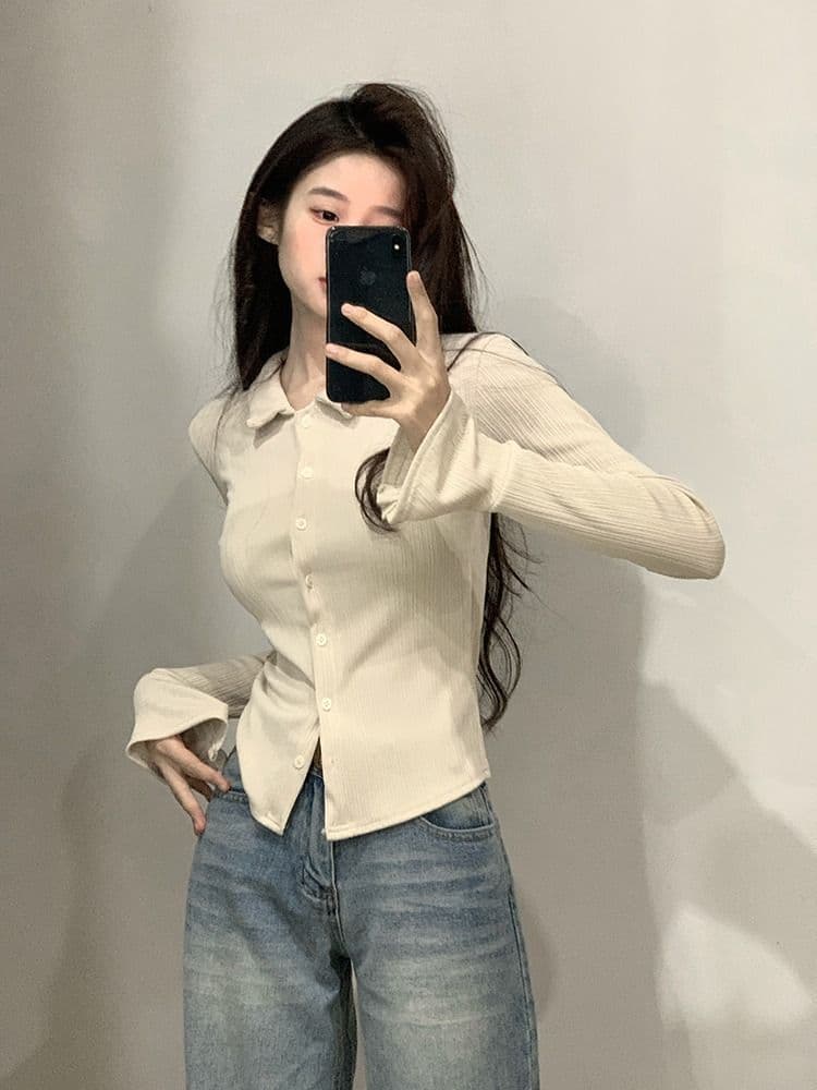 POLO 칼라 긴팔 티셔츠 여성 가을 새로운 아메리칸 디자인 센스 맨위 핫걸 몸매 가꾸기 인사이드 가져 가라. 기본 셔츠 상세 이미지 4
