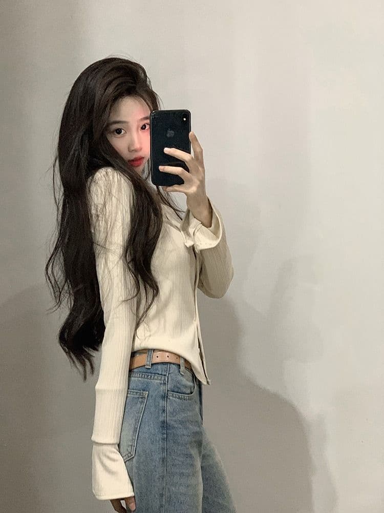 POLO 칼라 긴팔 티셔츠 여성 가을 새로운 아메리칸 디자인 센스 맨위 핫걸 몸매 가꾸기 인사이드 가져 가라. 기본 셔츠 상세 이미지 5
