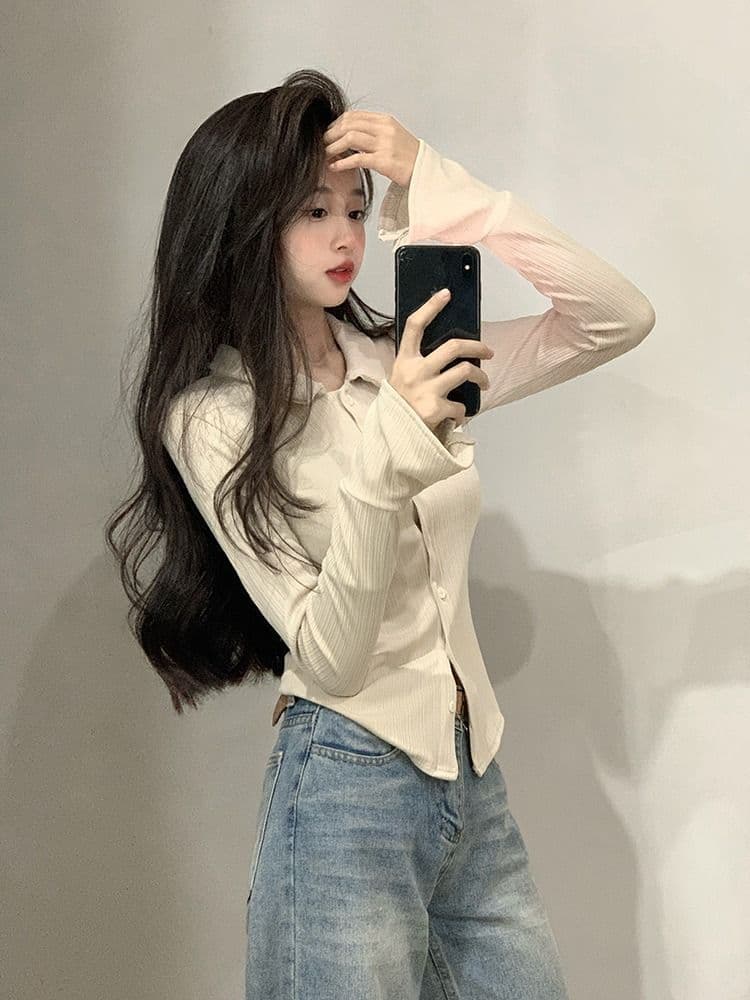 POLO 칼라 긴팔 티셔츠 여성 가을 새로운 아메리칸 디자인 센스 맨위 핫걸 몸매 가꾸기 인사이드 가져 가라. 기본 셔츠 상세 이미지 6