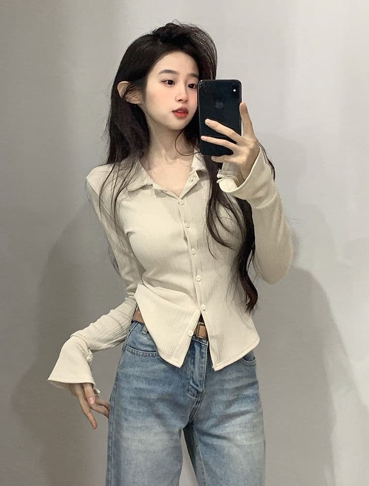 POLO 칼라 긴팔 티셔츠 여성 가을 새로운 아메리칸 디자인 센스 맨위 핫걸 몸매 가꾸기 인사이드 가져 가라. 기본 셔츠 상세 이미지 7