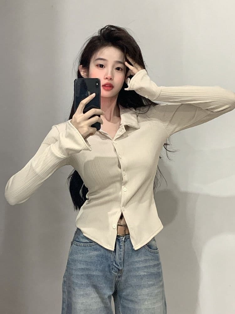 POLO 칼라 긴팔 티셔츠 여성 가을 새로운 아메리칸 디자인 센스 맨위 핫걸 몸매 가꾸기 인사이드 가져 가라. 기본 셔츠 상세 이미지 8
