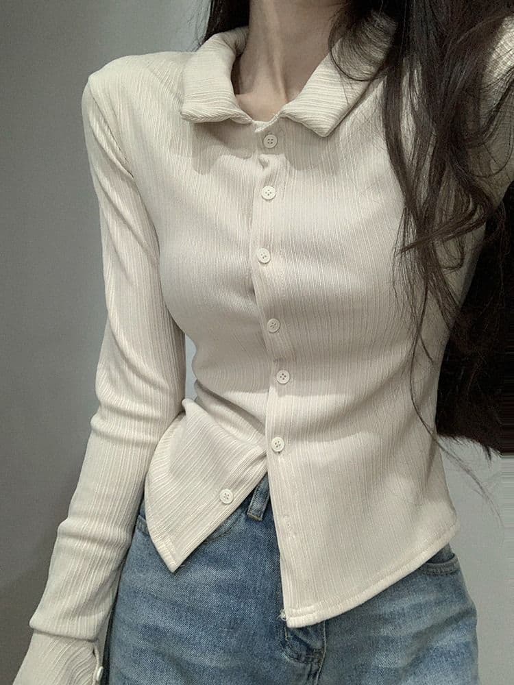 POLO 칼라 긴팔 티셔츠 여성 가을 새로운 아메리칸 디자인 센스 맨위 핫걸 몸매 가꾸기 인사이드 가져 가라. 기본 셔츠 상세 이미지 9