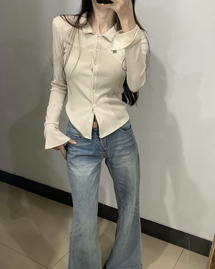 POLO 칼라 긴팔 티셔츠 여성 가을 새로운 아메리칸 디자인 센스 맨위 핫걸 몸매 가꾸기 인사이드 가져 가라. 기본 셔츠 상세 이미지 11