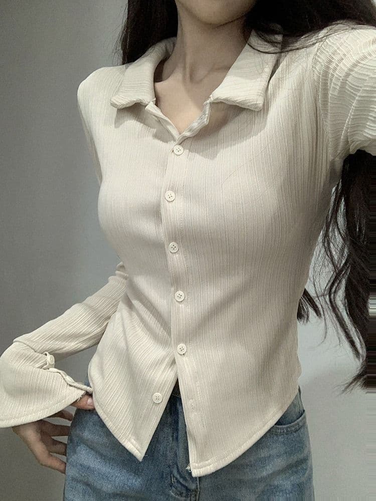 POLO 칼라 긴팔 티셔츠 여성 가을 새로운 아메리칸 디자인 센스 맨위 핫걸 몸매 가꾸기 인사이드 가져 가라. 기본 셔츠 상세 이미지 12