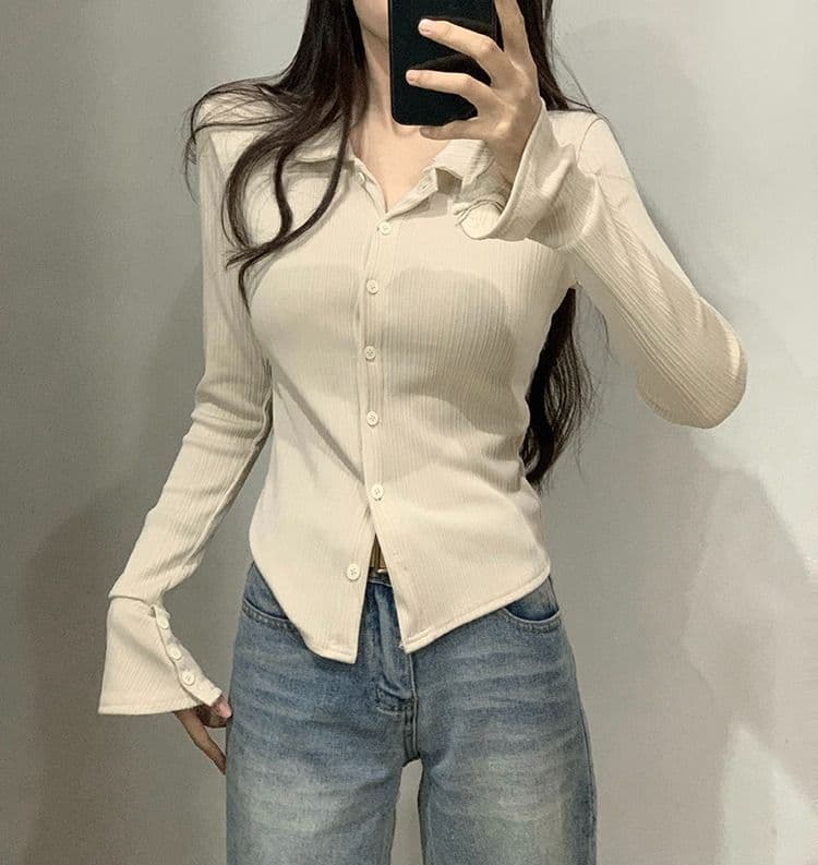 POLO 칼라 긴팔 티셔츠 여성 가을 새로운 아메리칸 디자인 센스 맨위 핫걸 몸매 가꾸기 인사이드 가져 가라. 기본 셔츠 상세 이미지 13
