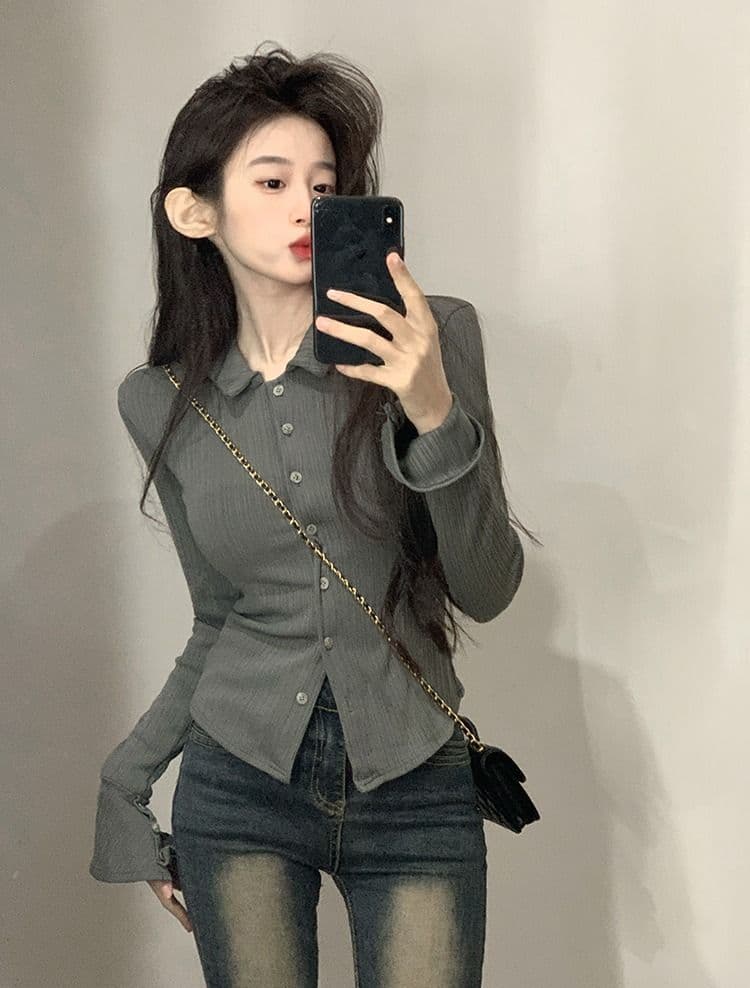 POLO 칼라 긴팔 티셔츠 여성 가을 새로운 아메리칸 디자인 센스 맨위 핫걸 몸매 가꾸기 인사이드 가져 가라. 기본 셔츠 상세 이미지 14