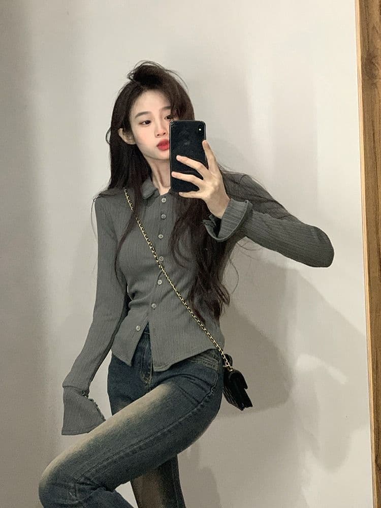 POLO 칼라 긴팔 티셔츠 여성 가을 새로운 아메리칸 디자인 센스 맨위 핫걸 몸매 가꾸기 인사이드 가져 가라. 기본 셔츠 상세 이미지 15