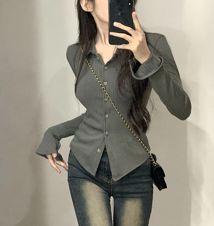 POLO 칼라 긴팔 티셔츠 여성 가을 새로운 아메리칸 디자인 센스 맨위 핫걸 몸매 가꾸기 인사이드 가져 가라. 기본 셔츠 상세 이미지 16