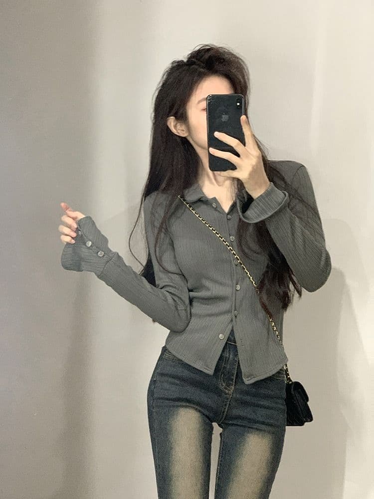 POLO 칼라 긴팔 티셔츠 여성 가을 새로운 아메리칸 디자인 센스 맨위 핫걸 몸매 가꾸기 인사이드 가져 가라. 기본 셔츠 상세 이미지 17
