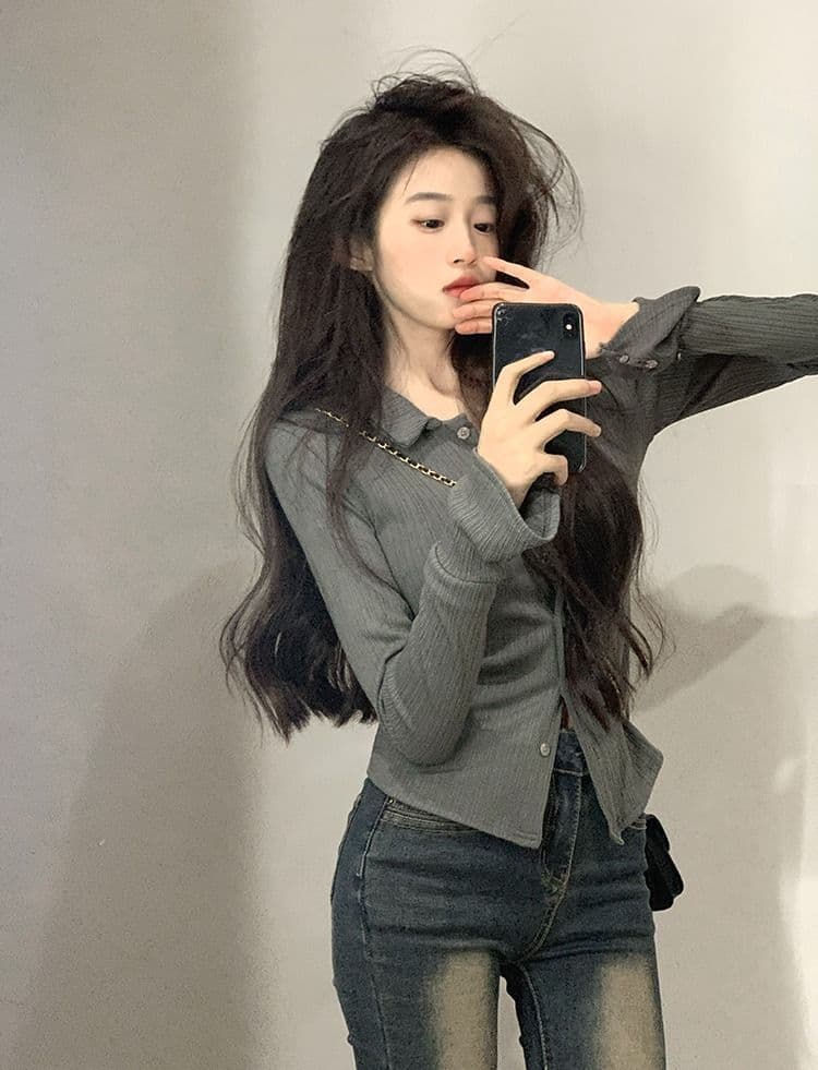 POLO 칼라 긴팔 티셔츠 여성 가을 새로운 아메리칸 디자인 센스 맨위 핫걸 몸매 가꾸기 인사이드 가져 가라. 기본 셔츠 상세 이미지 18