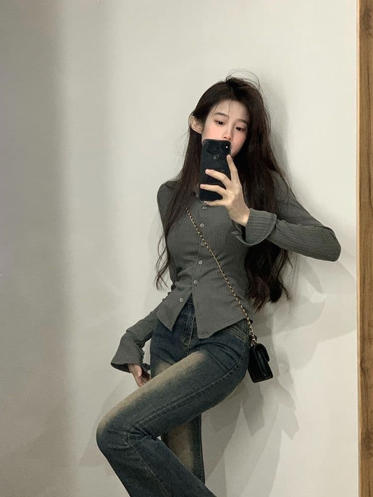 POLO 칼라 긴팔 티셔츠 여성 가을 새로운 아메리칸 디자인 센스 맨위 핫걸 몸매 가꾸기 인사이드 가져 가라. 기본 셔츠 상세 이미지 19