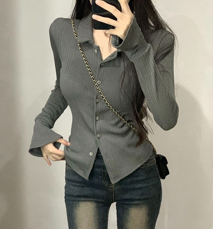 POLO 칼라 긴팔 티셔츠 여성 가을 새로운 아메리칸 디자인 센스 맨위 핫걸 몸매 가꾸기 인사이드 가져 가라. 기본 셔츠 상세 이미지 20