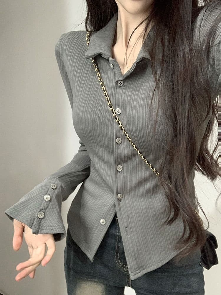 POLO 칼라 긴팔 티셔츠 여성 가을 새로운 아메리칸 디자인 센스 맨위 핫걸 몸매 가꾸기 인사이드 가져 가라. 기본 셔츠 상세 이미지 21