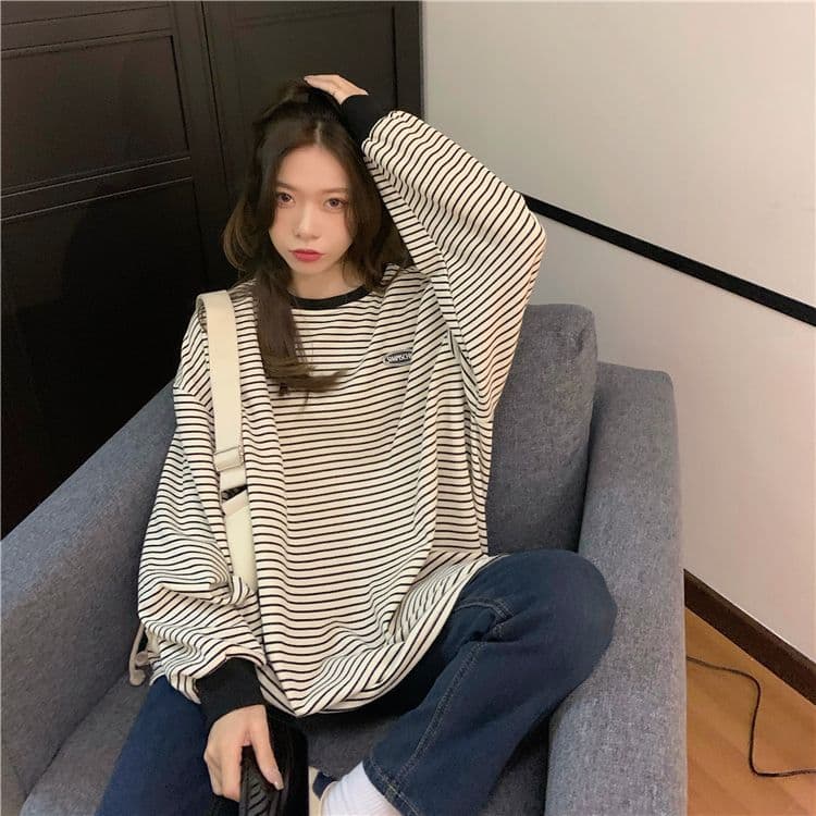 라운드 넥 긴팔 후드티 여성 가을 새로운 아메리칸 레트로 스트라이프 소녀 루즈핏 캐주얼 맨위 상세 이미지 6