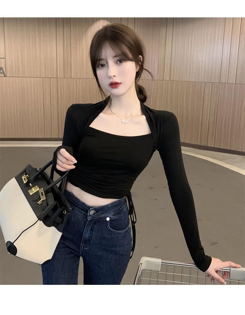 원본 대외 무역 한국 스타일 광장 칼라 여성 디자인 센스 작은 대중 가을 의상 인사이드 가져 가라. 긴팔 티셔츠 몸매 가꾸기 펌프 로프 맨위 상세 이미지 3