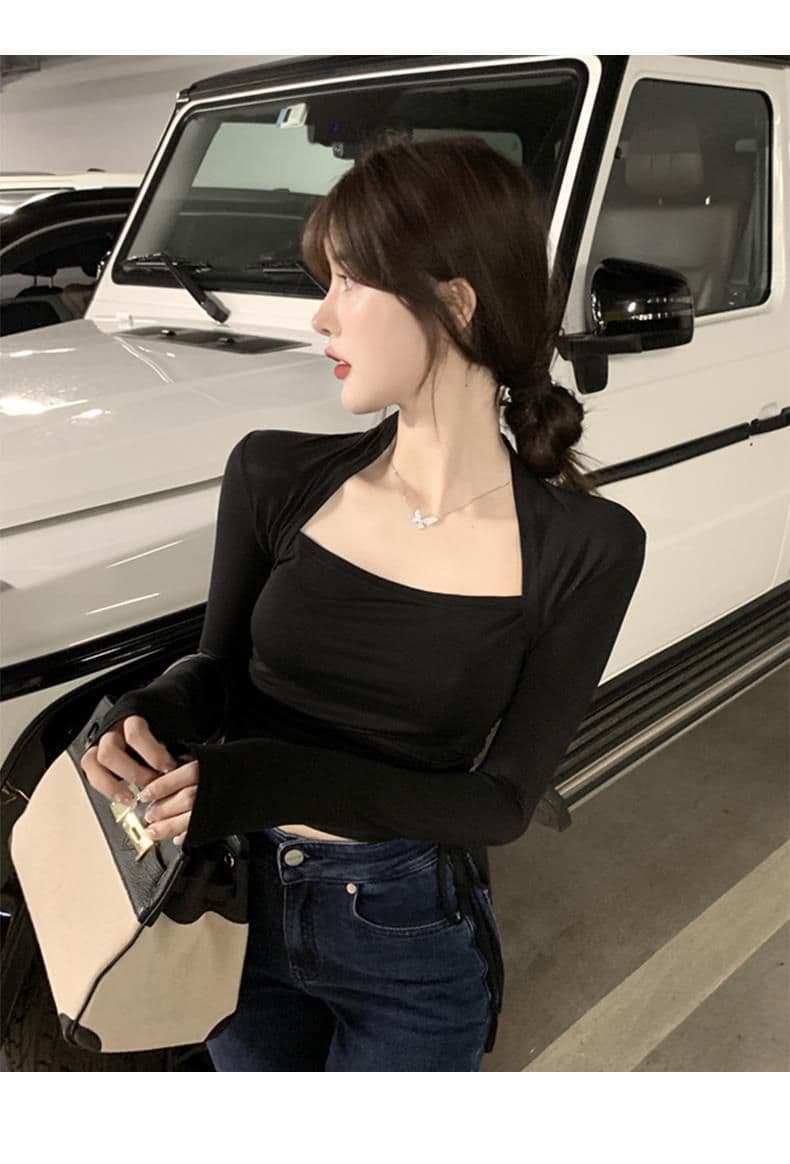 원본 대외 무역 한국 스타일 광장 칼라 여성 디자인 센스 작은 대중 가을 의상 인사이드 가져 가라. 긴팔 티셔츠 몸매 가꾸기 펌프 로프 맨위 상세 이미지 13