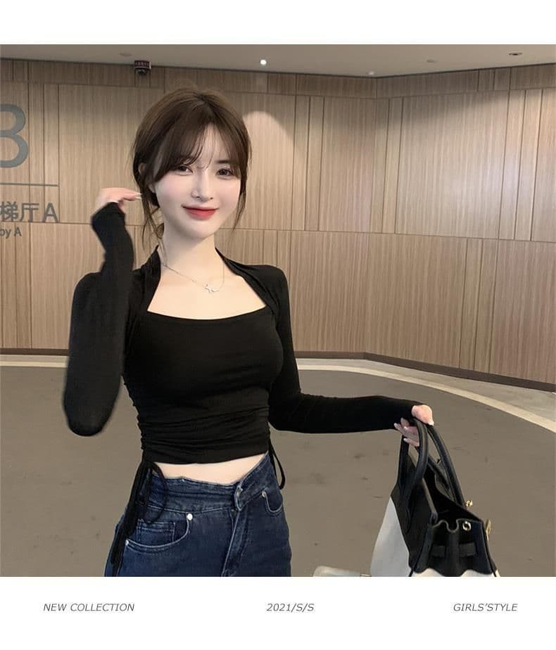 원본 대외 무역 한국 스타일 광장 칼라 여성 디자인 센스 작은 대중 가을 의상 인사이드 가져 가라. 긴팔 티셔츠 몸매 가꾸기 펌프 로프 맨위 상세 이미지 14