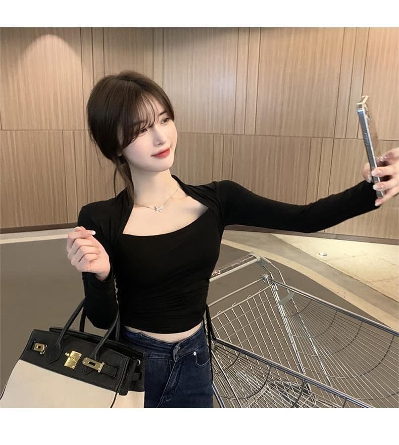원본 대외 무역 한국 스타일 광장 칼라 여성 디자인 센스 작은 대중 가을 의상 인사이드 가져 가라. 긴팔 티셔츠 몸매 가꾸기 펌프 로프 맨위 상세 이미지 15